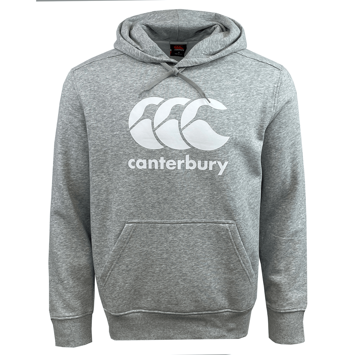 The Canterbury Anchor Hoodie by Canterbury is a grey, fleece-lined hoody featuring a hood and front pocket. The hoodie showcases a large white Canterbury logo and text on the chest.