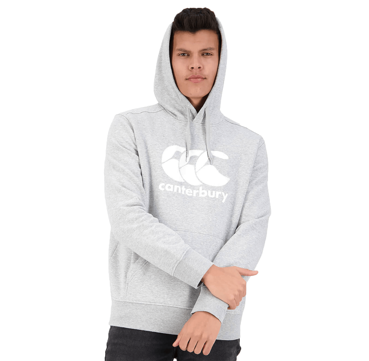 A person wearing a gray Canterbury Anchor Hoodie with the hood up, standing against a white background. The cozy fleece-lined Canterbury hoodie adds an extra layer of comfort and warmth.