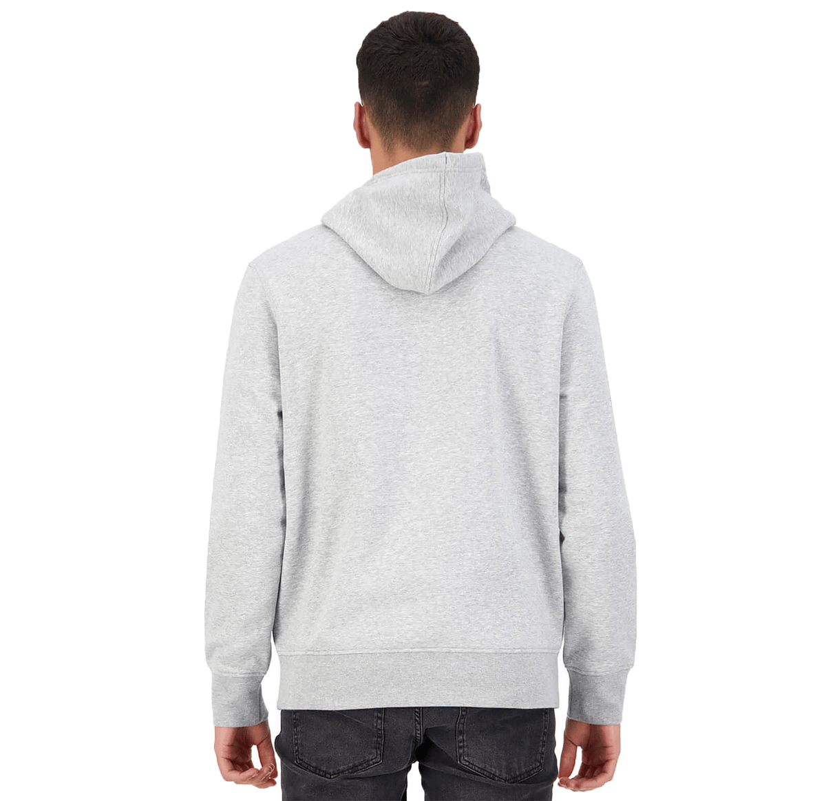 A person stands facing away, wearing the Canterbury Anchor Hoodie in light gray, paired with dark jeans.