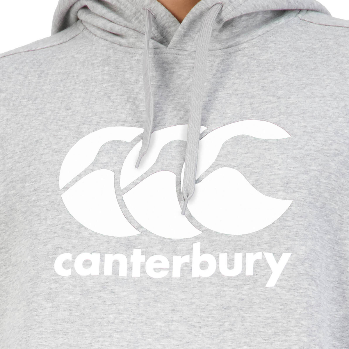 Close-up of a gray fleece-lined Canterbury Anchor Hoodie featuring a white "Canterbury" logo and text on the front.