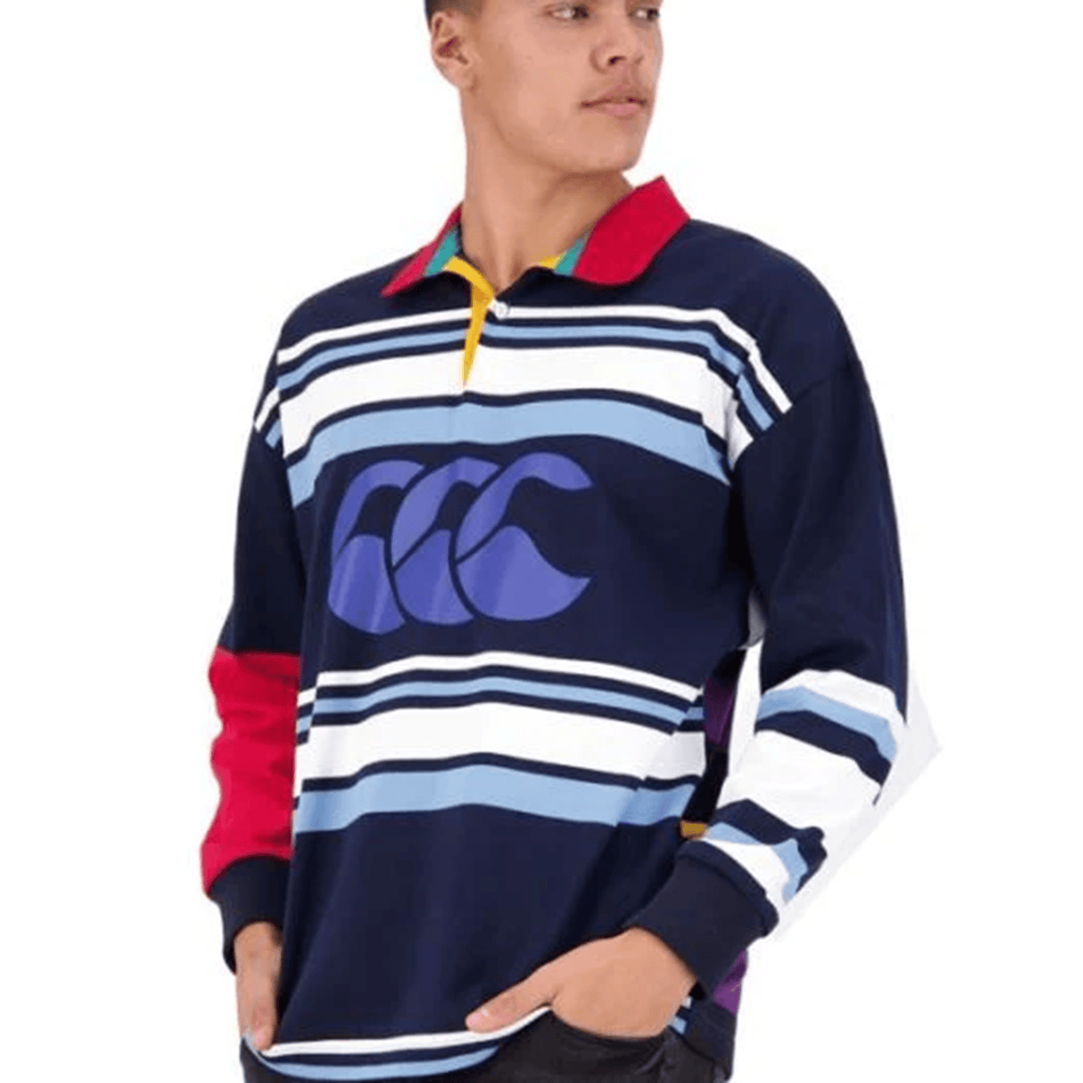 A man wearing a Canterbury Uglies Long Sleeve Classic Jersey rugby shirt.