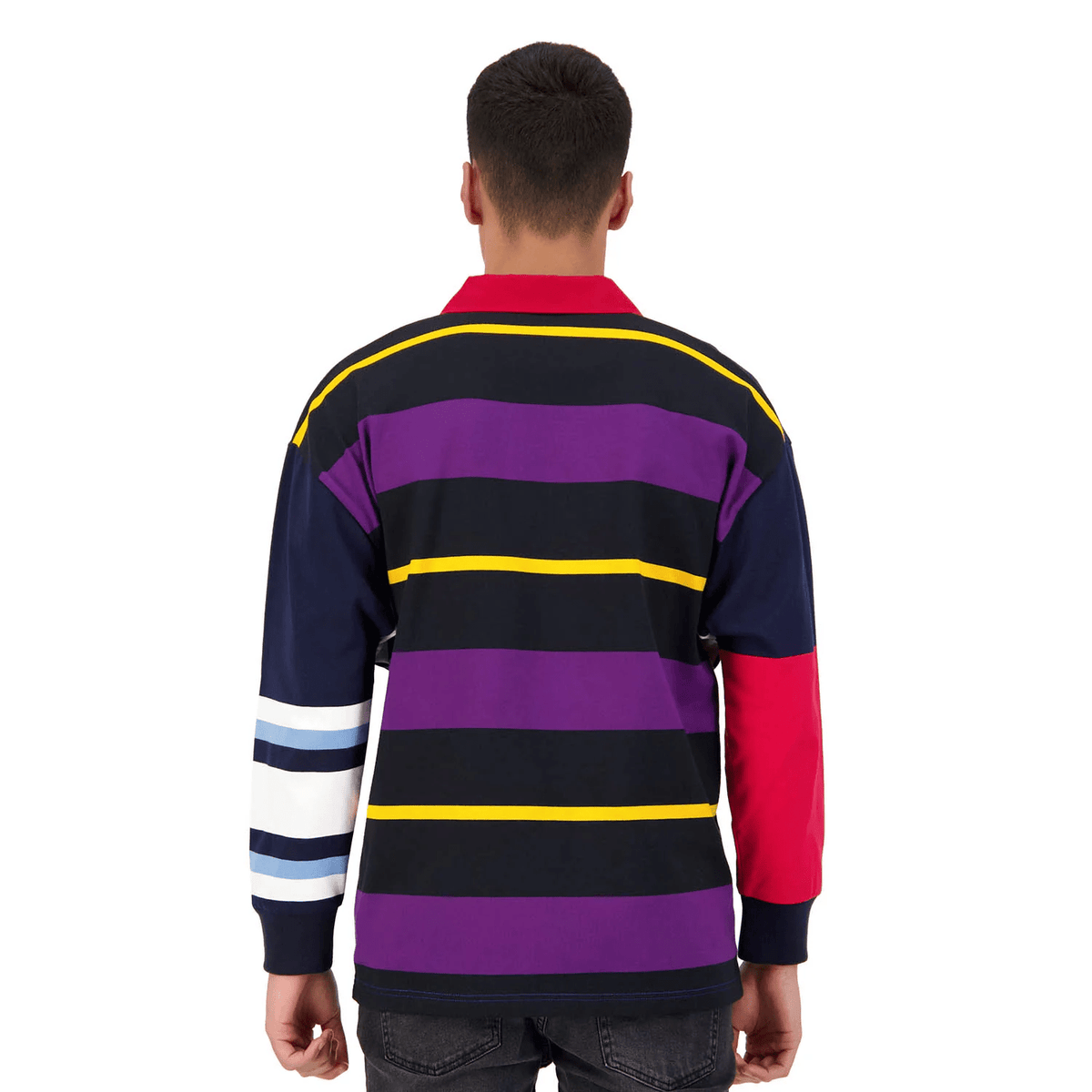The back view of a man wearing a Canterbury Uglies Long Sleeve Classic Jersey polo shirt.
