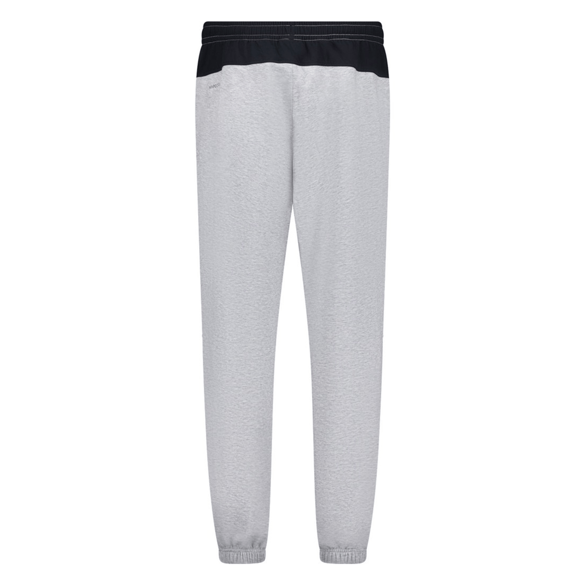 The Canterbury Tempo Vapodri Hybrid Cuffed Pant showcases a back view with a black elasticated waistband and tapered legs for comfort and style. These gray pants also feature an elastic waist and cuffs for a perfect fit.