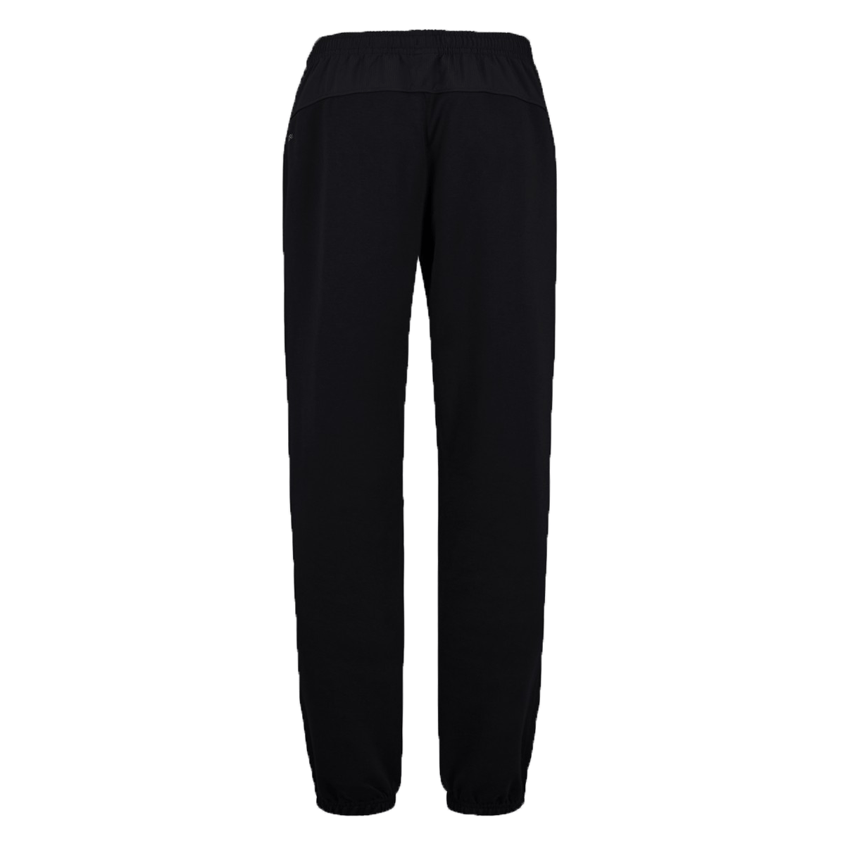 Back view of plain black Canterbury Tempo Vapodri Hybrid Cuffed Pant with tapered legs and an elastic waistband, featuring gathered cuffs, isolated on a white background.