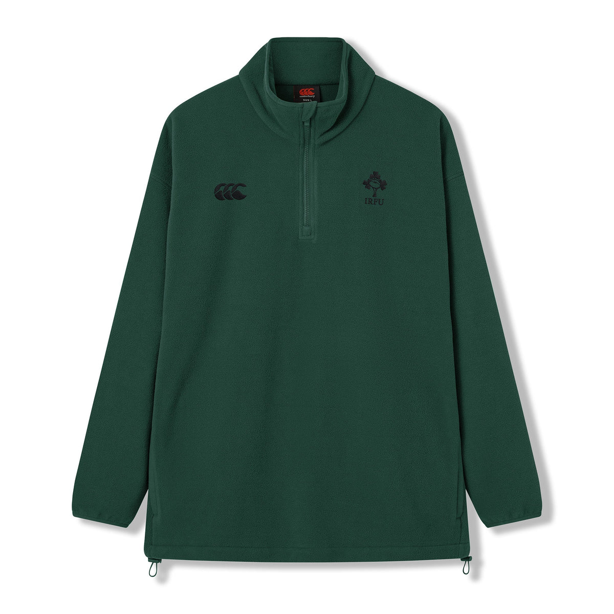 The Ireland 26 Retro Fleece 1/4 Zip by Canterbury is a dark green, long-sleeve pullover inspired by the classic rugby fleece design. It features two black embroidered Canterbury logos on the chest, an adjustable drawstring at the hem, and combines vintage style with modern comfort.