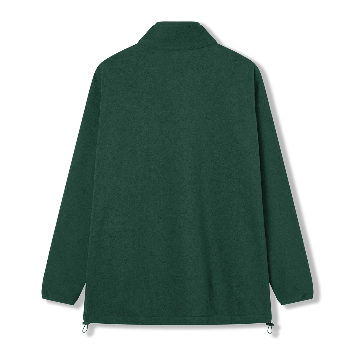 A long-sleeve, forest green Ireland 26 Retro Fleece 1/4 Zip by Canterbury shown from the back, featuring a high collar and adjustable drawstrings at the hem, inspired by classic rugby fleece designs.