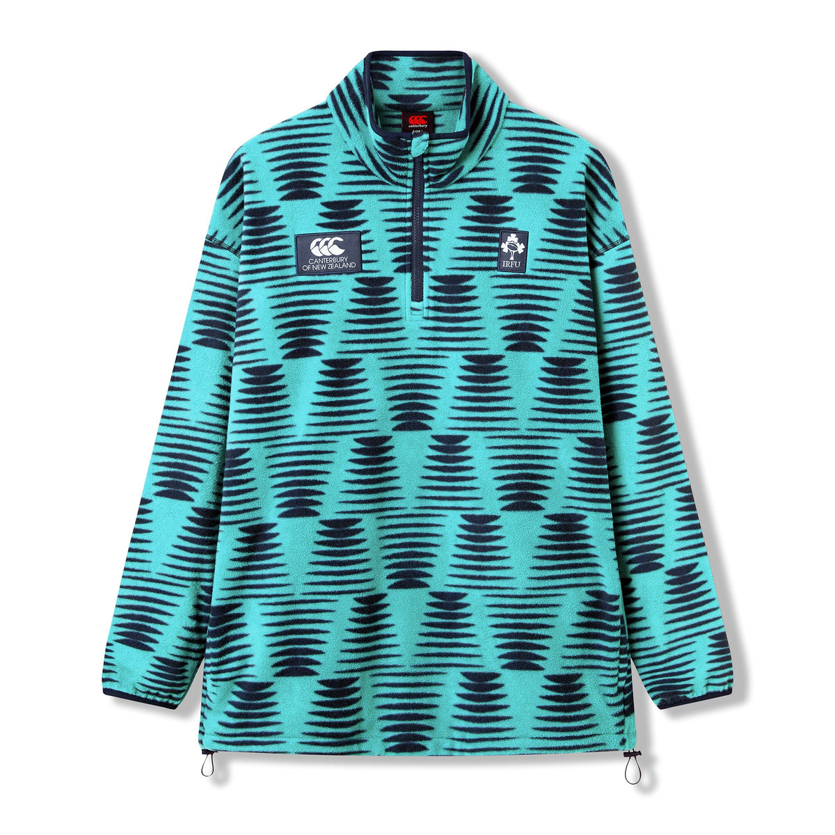 The Ireland 26 Retro Fleece 1/4 Zip by Canterbury is a long-sleeve pullover featuring a teal and navy geometric pattern, a zip collar, and embroidered chest logos. Designed in the classic Canterbury 1/4 Zip style, this rugby fleece is shown on a plain white background.