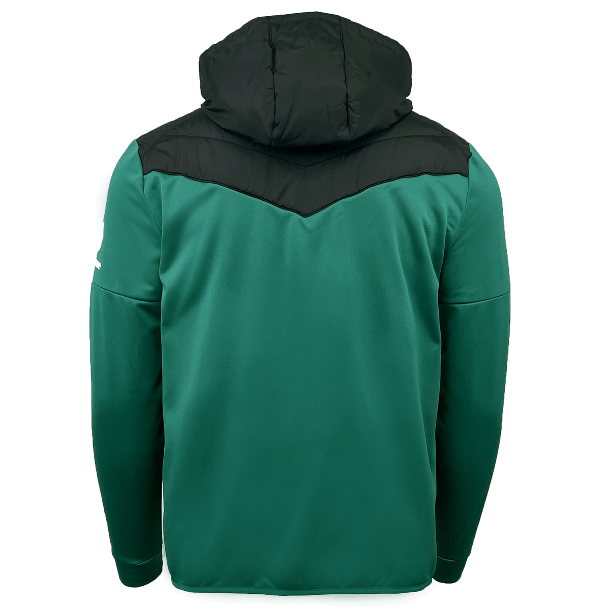 Back view of the Ireland 25/26 Hybrid Padded Jacket by Canterbury in green, featuring black shoulder and hood accents, long sleeves, V-shaped yoke, and ThermoReg technology for enhanced warmth.