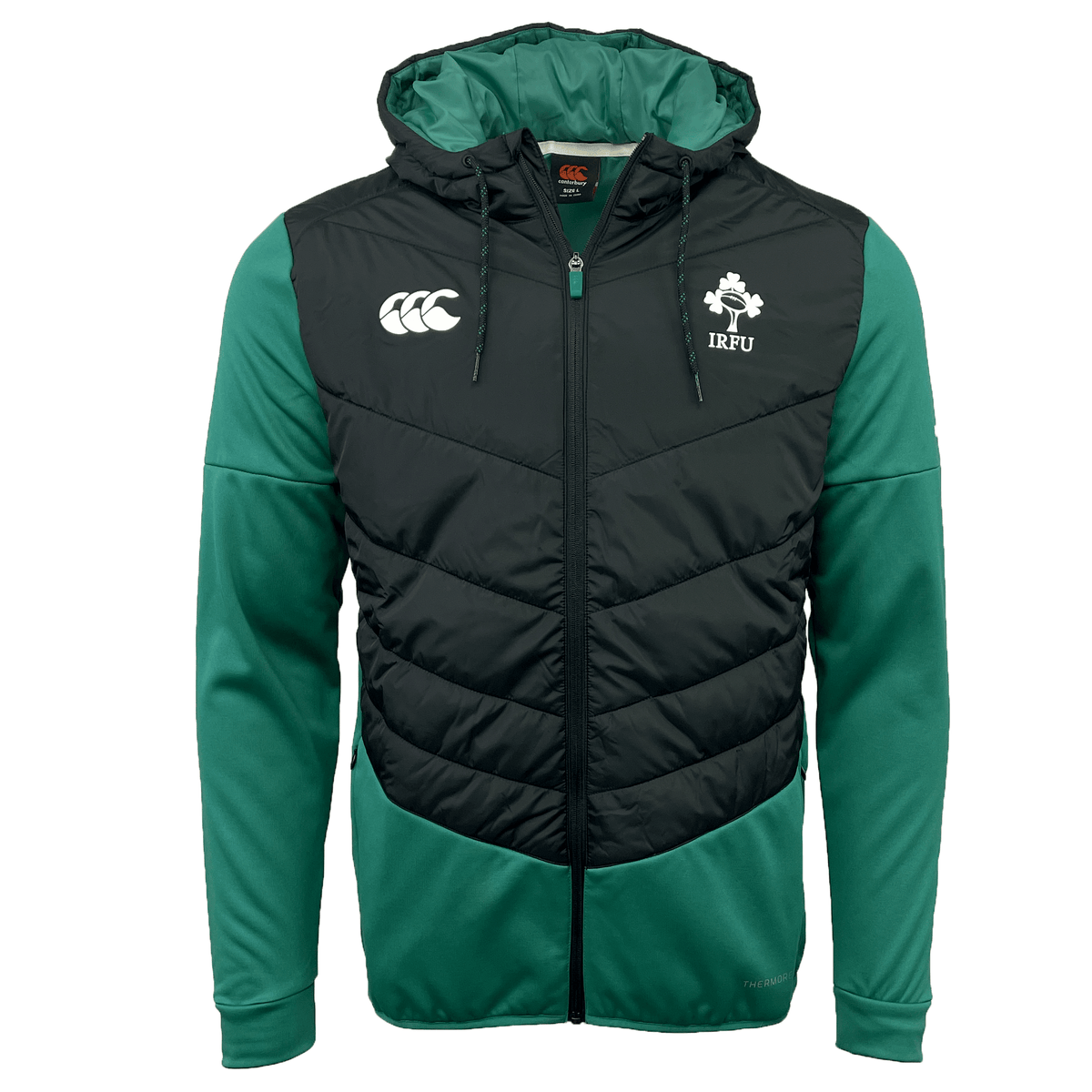 The Ireland 25/26 Hybrid Padded Jacket by Canterbury is a green and black hooded jacket with ThermoReg warmth, featuring the Canterbury logo on the right chest and IRFU crest on the left.