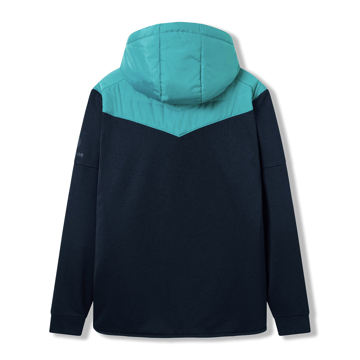 The Ireland 26 Hybrid Padded Jacket by Canterbury is shown from the back in navy blue, featuring a light blue hood and upper back section, long sleeves, and a straight hem—making it an ideal choice for rugby training that blends performance with style.