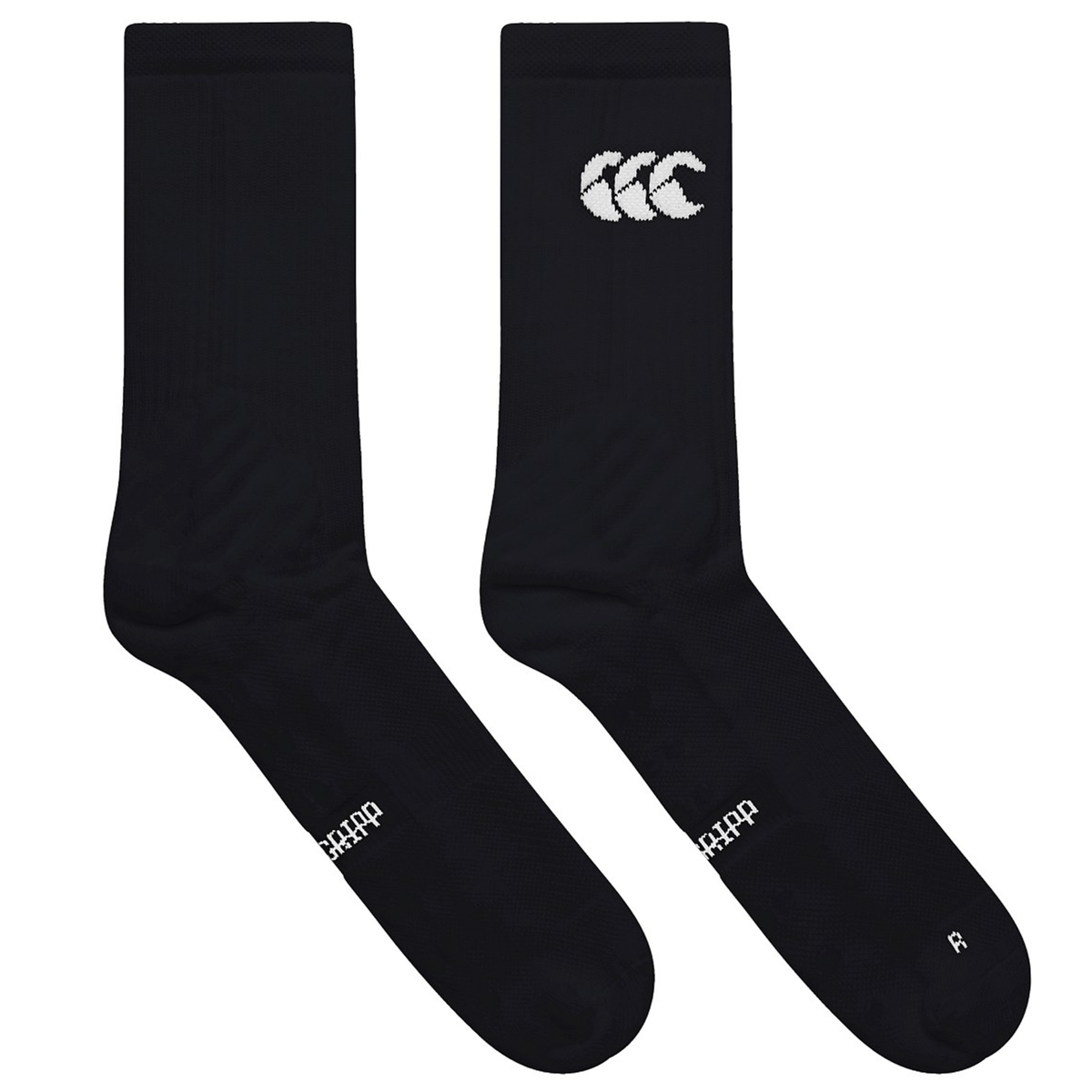 Pair of black Canterbury Mid Calf Grip Socks with a white Canterbury logo on the calf.