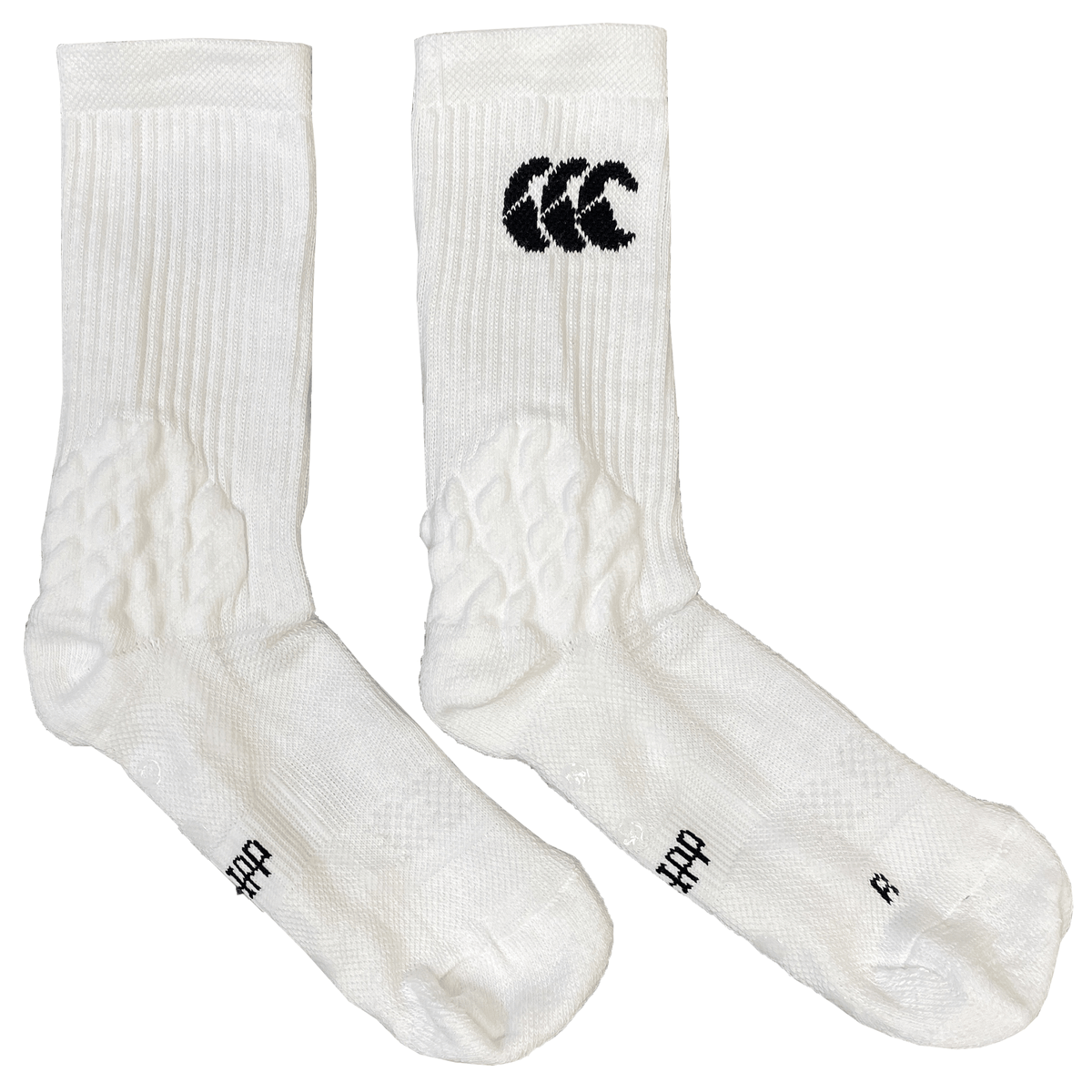 A pair of white athletic socks featuring Premgripp technology and a black logo near the top, with textured padding on the soles and heels for added comfort is now the **Canterbury Mid Calf Grip Sock** by **Canterbury**.