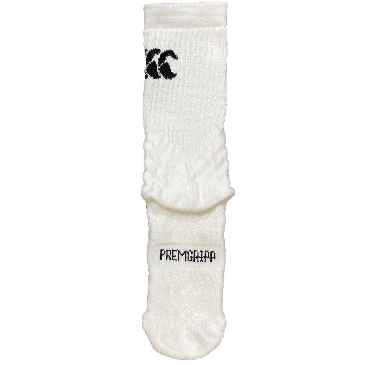 A single, white sports sock with black text that reads "Canterbury" near the toe and a logo near the cuff. The Canterbury Mid Calf Grip Sock features Premgripp technology with a ribbed texture and offers arch support for enhanced comfort.