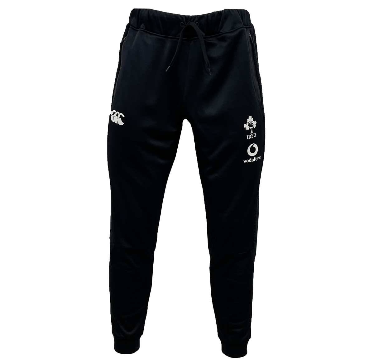 Ireland 24 Tech Fleece Pant by Canterbury with a drawstring waist, featuring embroidered logos of Canterbury, IRFU, and Vodafone on the front for ultimate Rugby Performance.