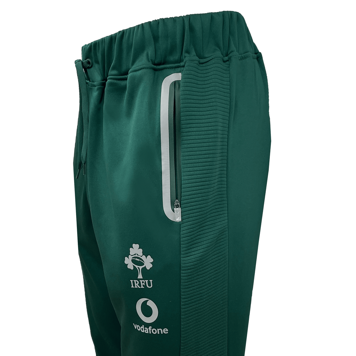 The Ireland 24 Tech Fleece Pant by Canterbury is made with green athletic fabric and showcases the IRFU and Vodafone logos, along with a handy side zipper pocket—perfect for boosting your rugby performance.