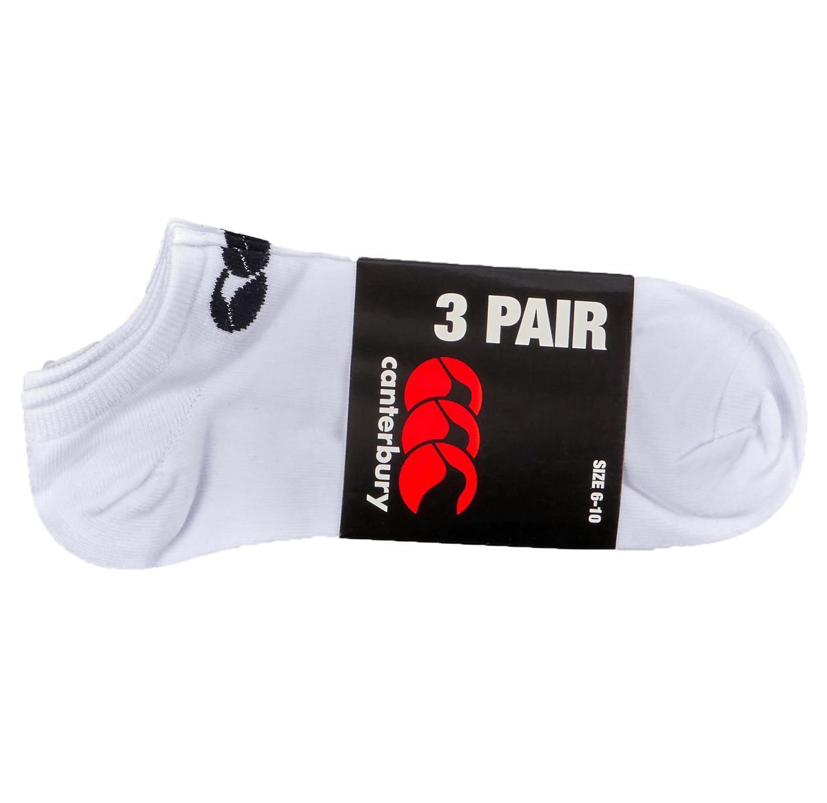 A pack of three Canterbury Trainer Sock Liners in white, crafted from a cotton-rich fabric for superior comfort. The socks feature red and black Canterbury branding and are labeled as size 6-10.