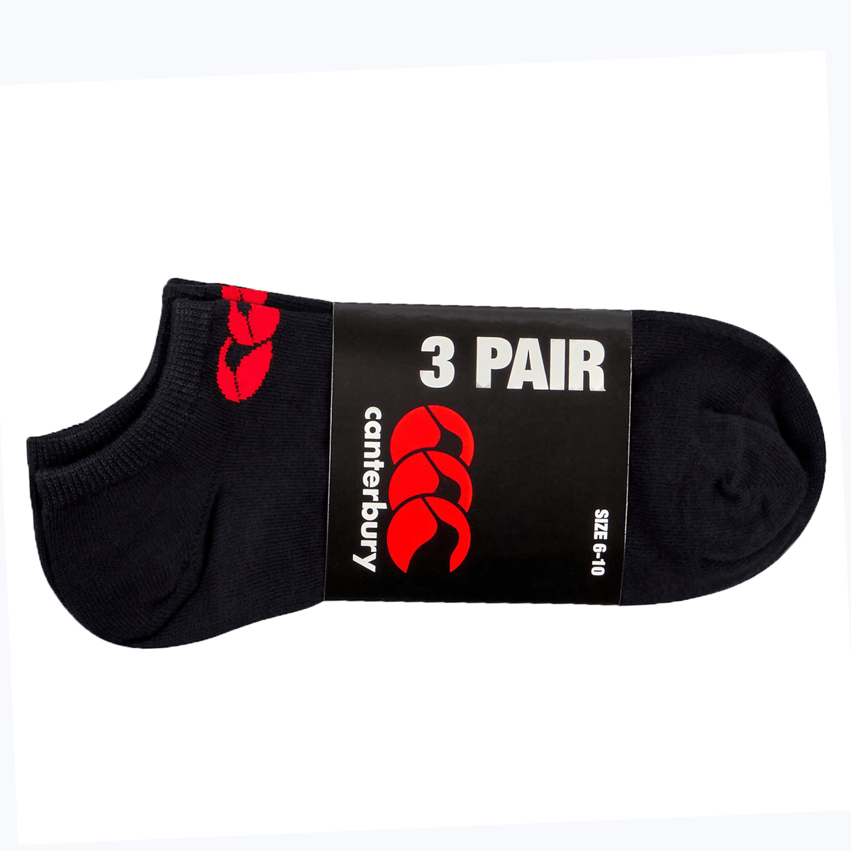 Introducing the Canterbury Trainer Sock Liner 3 Pack, available in size 6-10. This pack includes three pairs of black socks, each adorned with a distinctive red logo on the side. Crafted from cotton-rich fabric, these socks offer superior comfort.