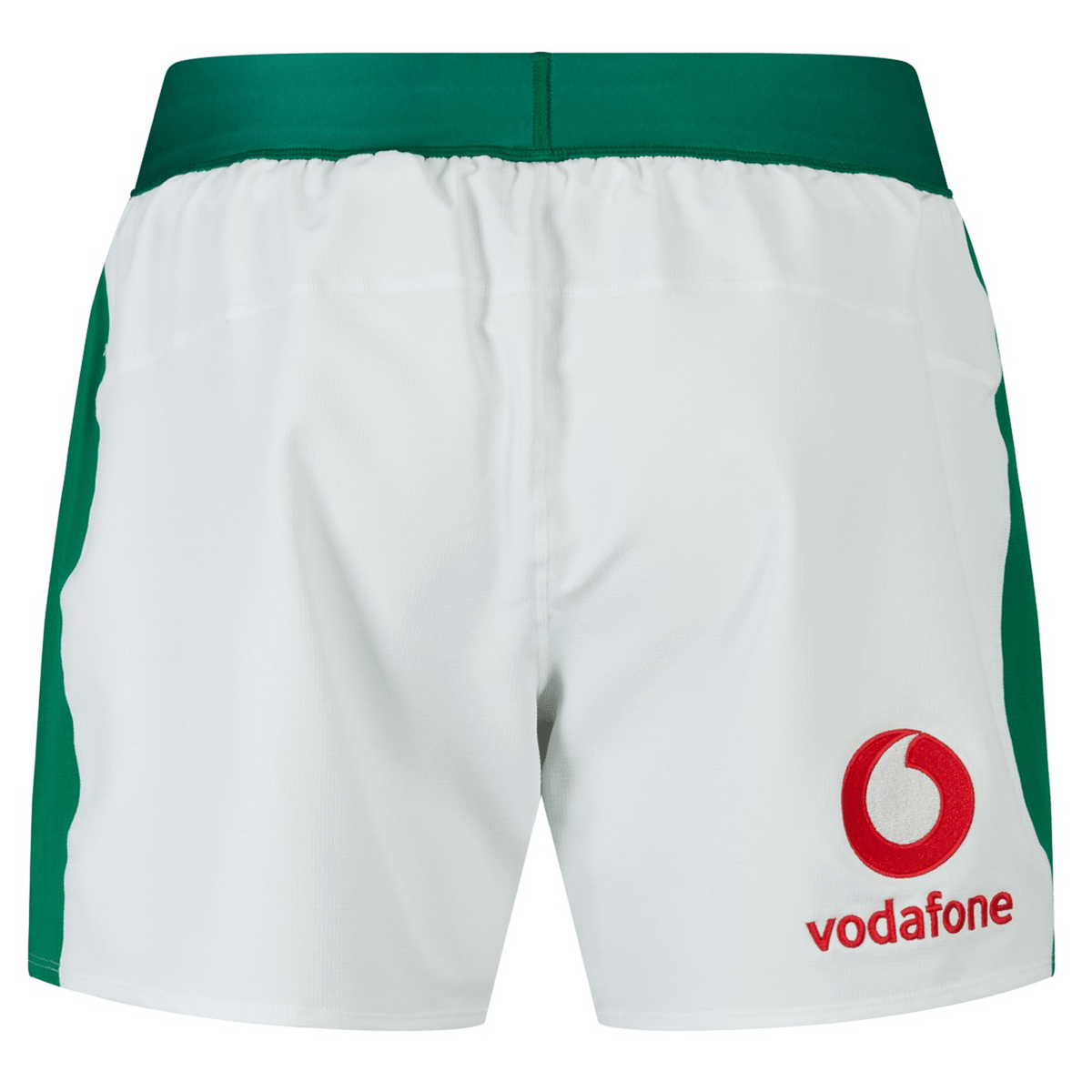 A pair of Ireland 24 Home Match Shorts by Canterbury in white and green, featuring a durable design with the Vodafone logo printed in red on the lower right side.