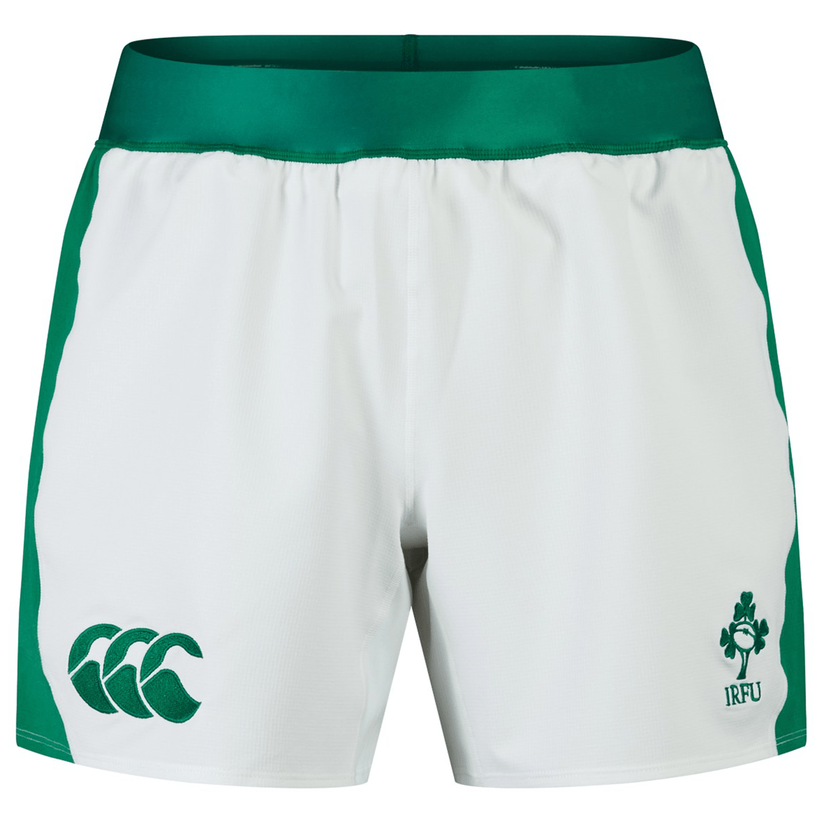 The Ireland 24 Home Match Short by Canterbury features white and green colors, the IRFU logo, and the Canterbury logo, crafted from durable stretch ripstop fabric.