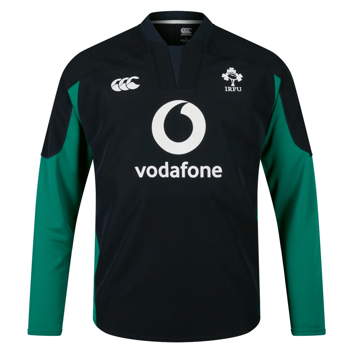The Ireland 25/26 Tech Drill Top by Canterbury features long sleeves, dark navy and green colors, the IRFU logo, Vodafone sponsor, and Canterbury branding on the chest—a stylish, classic-inspired choice for fans.