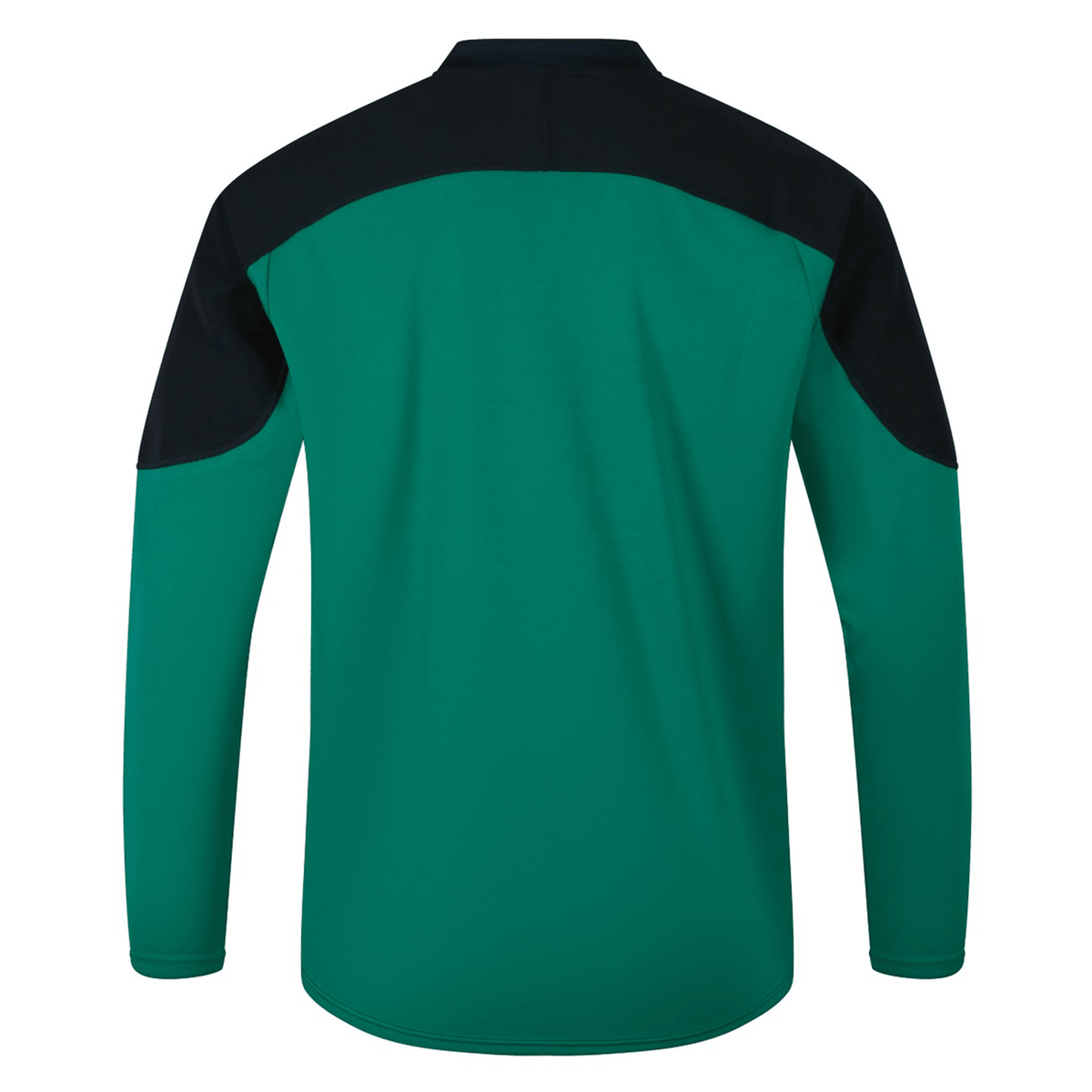 The Ireland 25/26 Tech Drill Top by Canterbury features long sleeves, a green body, and black shoulders and upper back, shown from the rear.