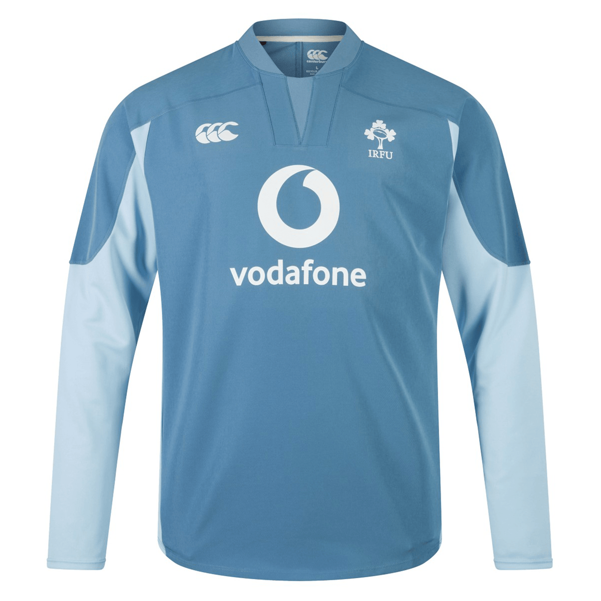 The Ireland 25/26 Tech Drill Top by Canterbury is a long-sleeve blue rugby jersey featuring the Vodafone sponsor, IRFU crest, and Canterbury logo—a stylish and weatherproof training top for devoted fans.