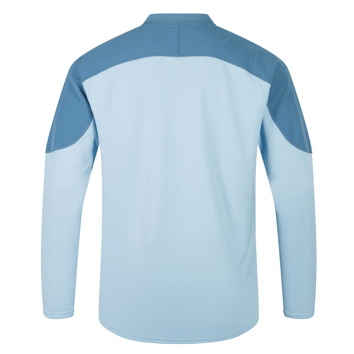 The Ireland 25/26 Tech Drill Top by Canterbury features a light blue design with darker blue shoulder and upper back panels—shown from the back. This weatherproof training top is built for performance.
