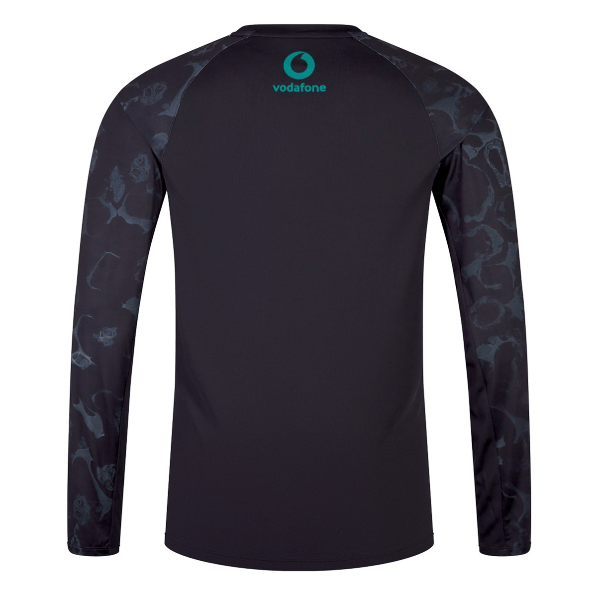 Back view of the Ireland 25/26 Superlight Long Sleeve Training T-Shirt by Canterbury, featuring subtle dark sleeve patterns and a blue Vodafone logo near the neckline.