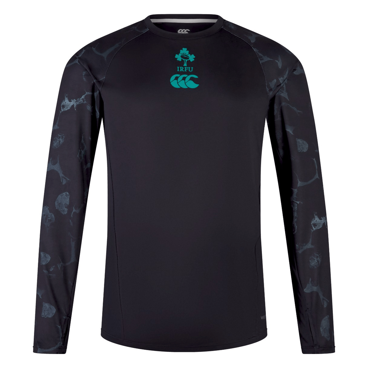 The Ireland 25/26 Superlight Long Sleeve Training T-Shirt by Canterbury is a black athletic top with patterned sleeves and IRFU and Canterbury logos on the chest—perfect for training or supporting Ireland.