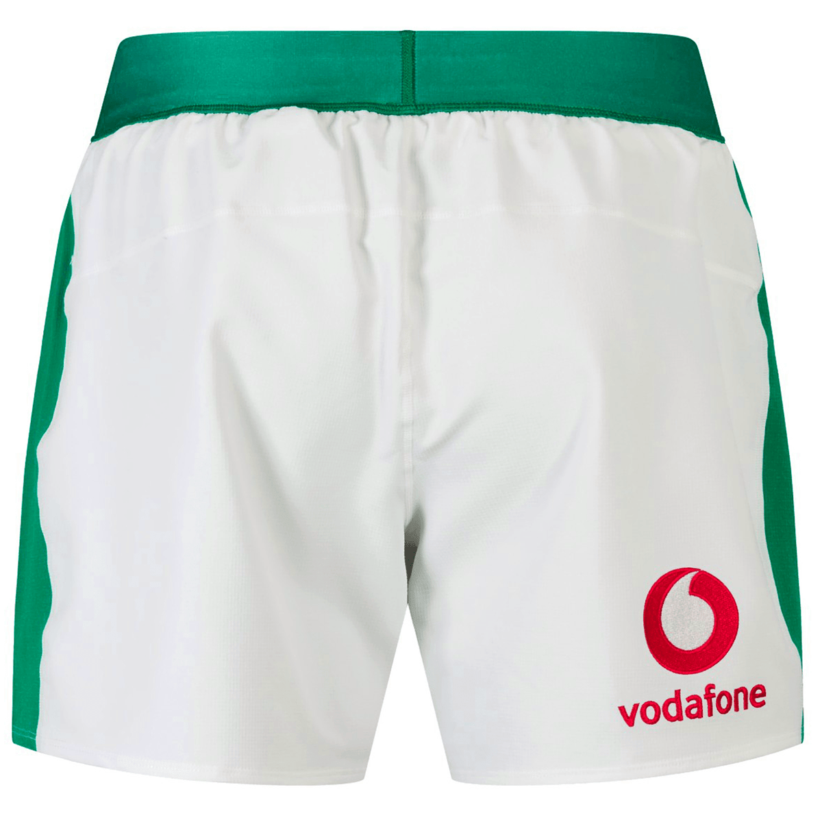Junior Ireland 24 Home Match Shorts by Canterbury, crafted from moisture-wicking fabric for young athletes. Featuring the Vodafone logo on the back right side, these white and green rugby shorts are reminiscent of Ireland's iconic home match gear.