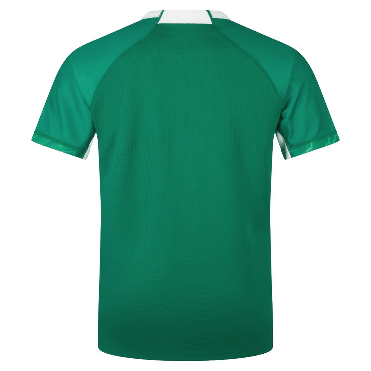 A back view of a green short-sleeved shirt with a white collar is showcased, reminiscent of Canterbury&#39;s Ireland 24 Home Pro Jersey.