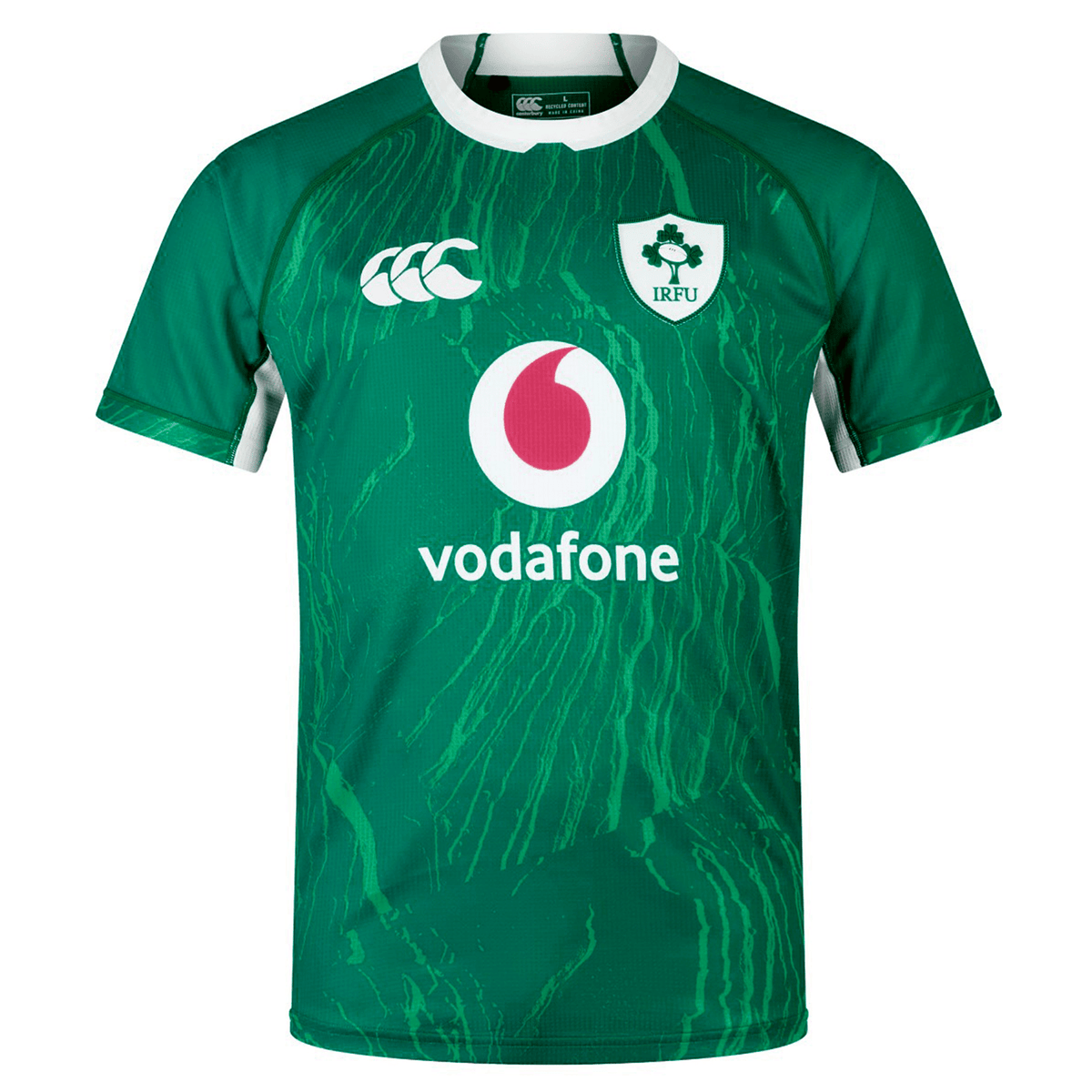 The Ireland 24 Home Pro Jersey by Canterbury is a green rugby jersey with white trim. It features the &quot;CCC,&quot; &quot;Vodafone,&quot; and &quot;IRFU&quot; logos, and is crafted from moisture-wicking fabric.