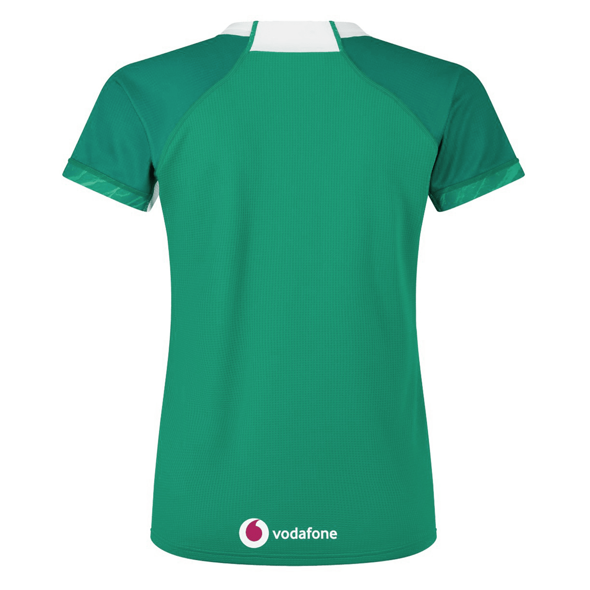 The Women&#39;s Ireland WIRFU Home Pro Jersey by Canterbury in green has a sleek design, short sleeves, white collar trim, and Vodafone logo on the lower back. Featuring VapoDri technology, it displays the official IRFU crest.