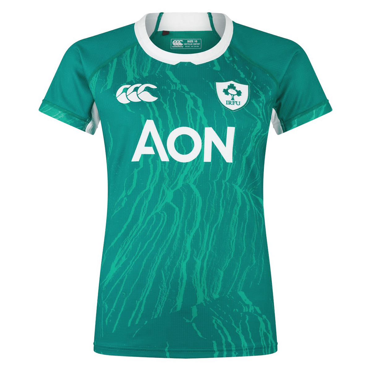 The Women&#39;s Ireland WIRFU Home Pro Jersey by Canterbury is a green rugby jersey with white trim, featuring the IRFU crest, AON sponsor logo, and CCC brand logo. Equipped with VapoDri technology, it keeps you cool and comfortable on and off the field.