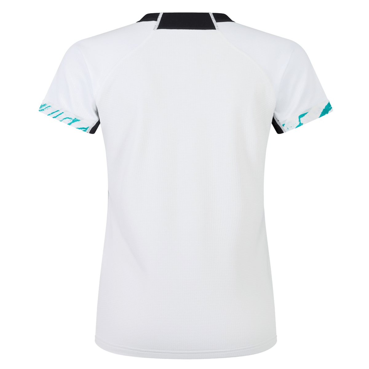 Back view of the Women's Ireland 24 Alternate Pro Jersey by Canterbury, a short-sleeved white sports jersey with black and teal accents on the sleeves and collar, featuring the IRFU Crest.