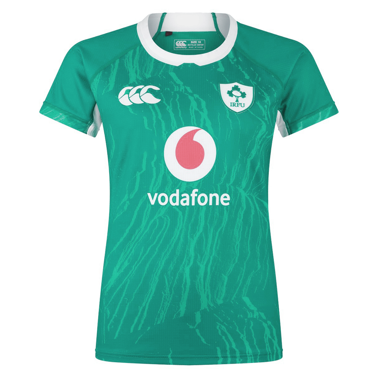 The Women&#39;s Ireland 24 Home Pro Jersey by Canterbury showcases a vibrant green with a white collar, features the Vodafone sponsor and Canterbury logo, and is equipped with VapoDri technology for optimal performance and comfort.
