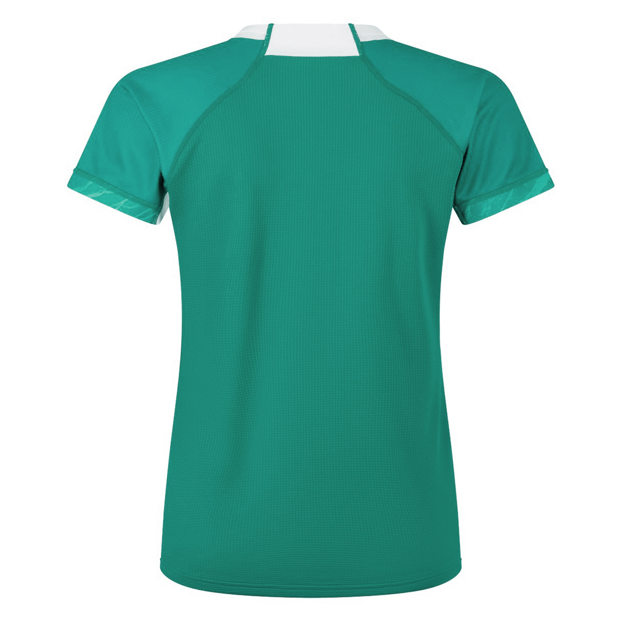 The Women&#39;s Ireland 24 Home Pro Jersey by Canterbury features a green short-sleeve design with a white collar and raglan sleeves. It includes VapoDri technology for improved comfort and performance.