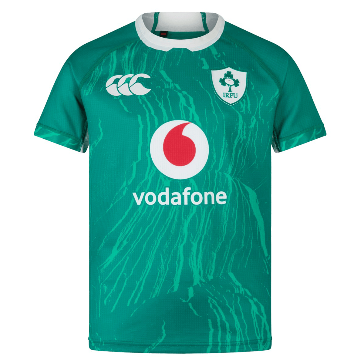 The Youth Ireland 24 Home Pro Jersey by Canterbury is green with white and red logos, featuring Vodafone and the IRFU Crest with a shamrock. Made with VapoDri Technology, it keeps you cool on and off the field.