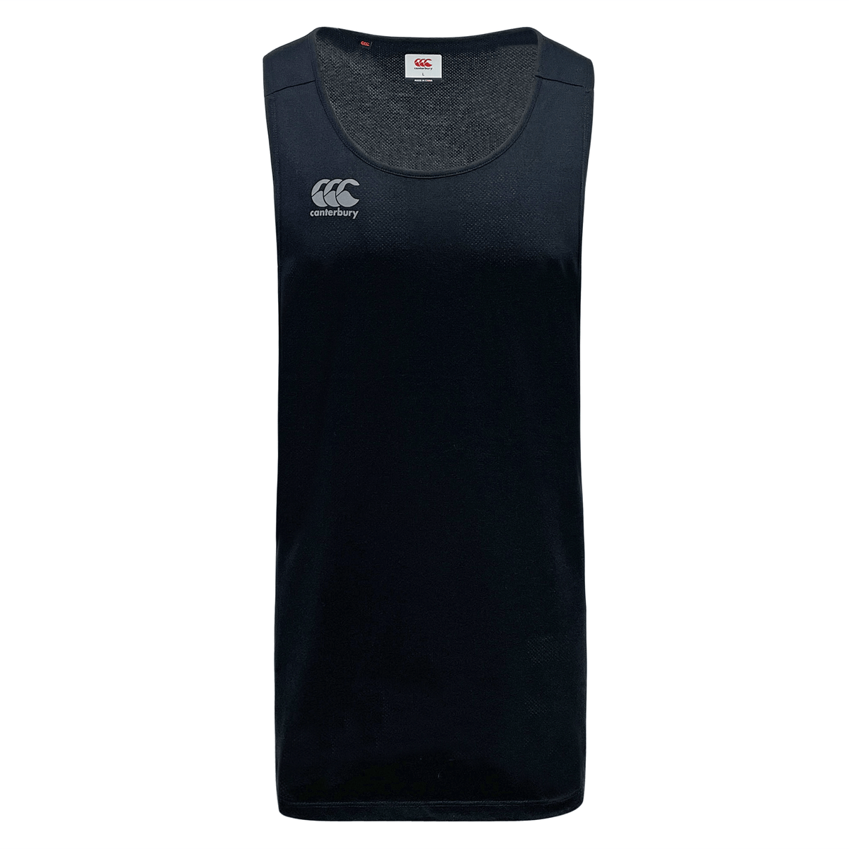 A black tank top with a white Canterbury Tempo Vapodri Singlet logo on it.