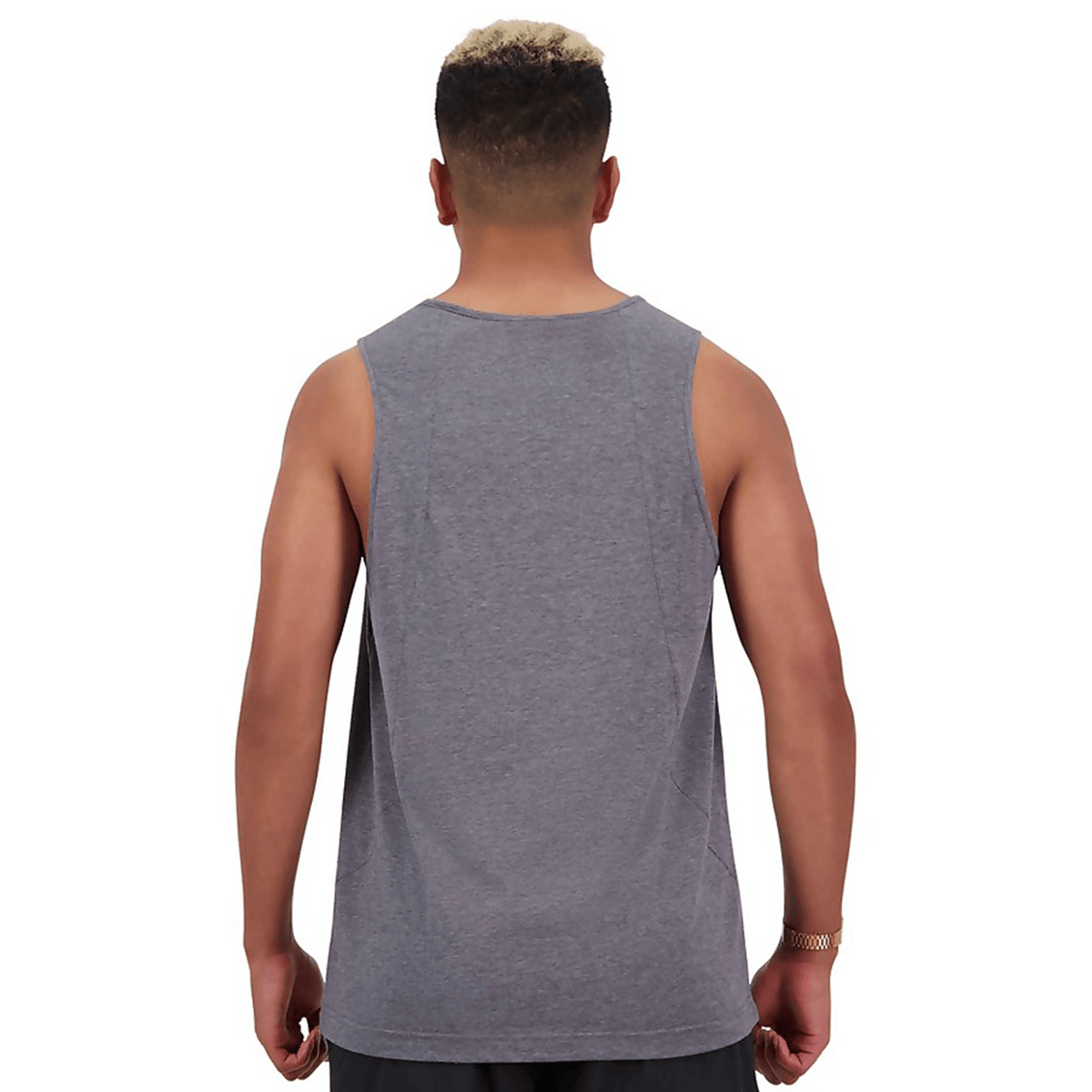 The back view of a man wearing a Canterbury Tempo Vapodri Singlet, featuring VapoDri technology and made from recycled polyester.