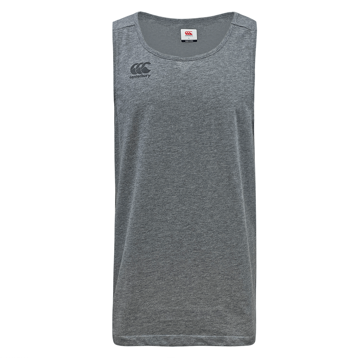 A Canterbury Tempo Vapodri Singlet tank top with an embroidered logo, made from recycled polyester.