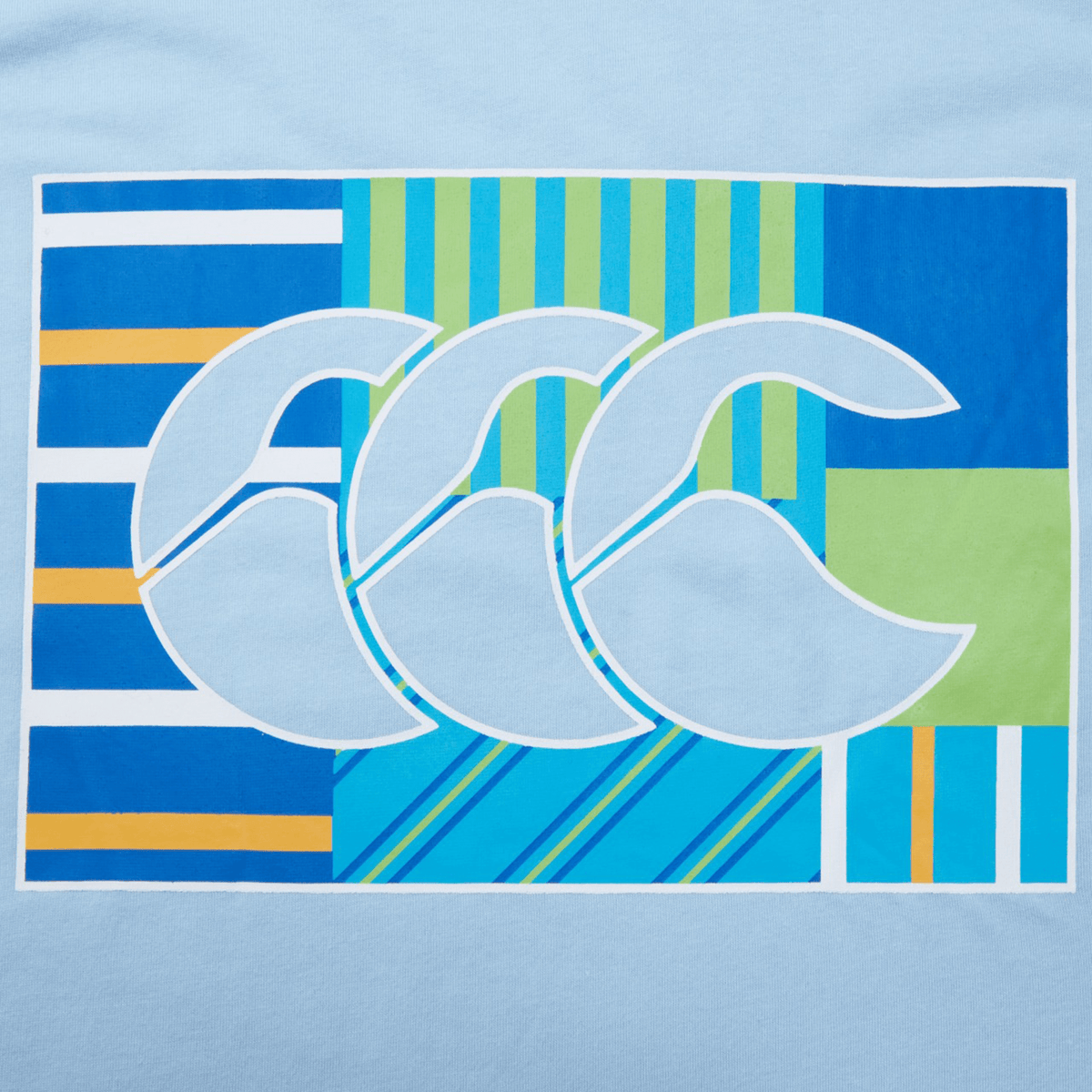 A blue and multicolored geometric pattern featuring overlapping white "CCC" letters, characteristic of the Canterbury Canterbury Uglies T-Shirt.