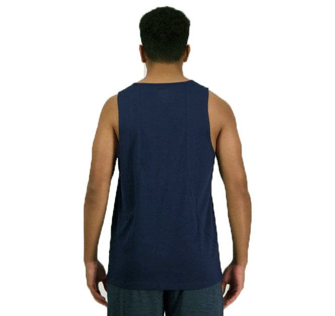 A man with short hair is wearing a navy blue Canterbury Tempo Vapodri Singlet made from recycled polyester and gray shorts, standing with his back facing the camera against a plain white background.