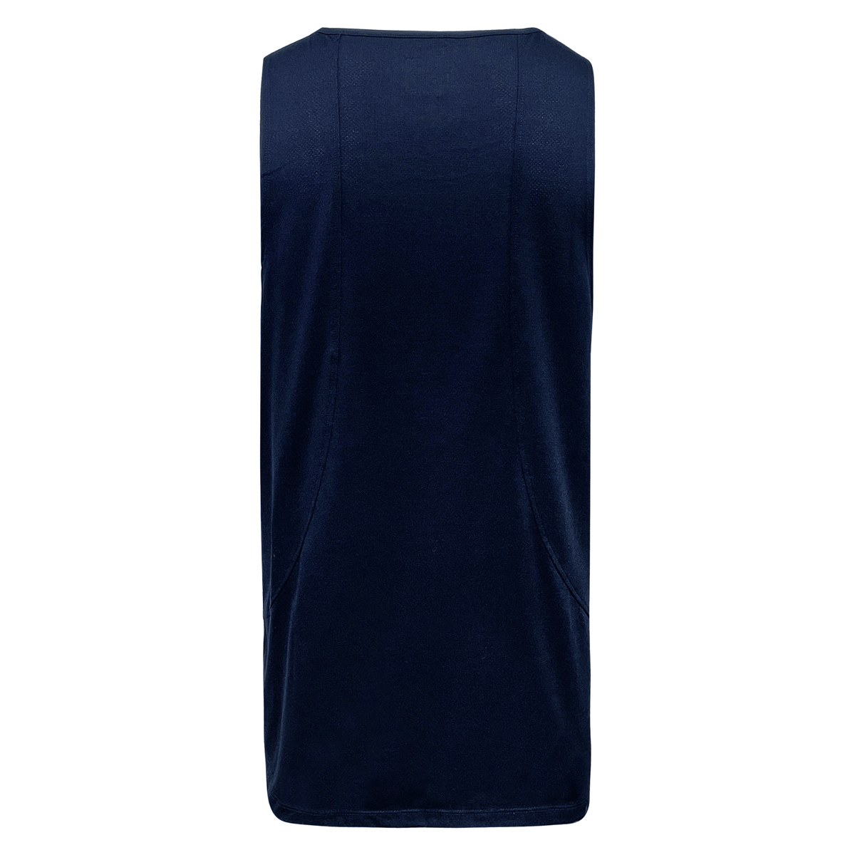 Back view of a sleeveless navy blue Canterbury Tempo Vapodri Singlet. The fabric appears smooth and the top has simple, straight seams with quick-drying VapoDri technology for added comfort.