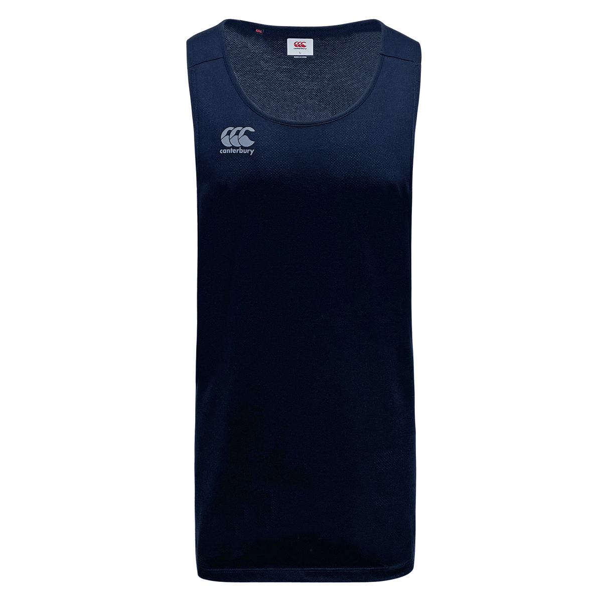 A navy blue sleeveless **Canterbury Tempo Vapodri Singlet** made from recycled polyester with a rounded neckline and **Canterbury** logo on the front, featuring VapoDri technology for ultimate moisture-wicking performance.