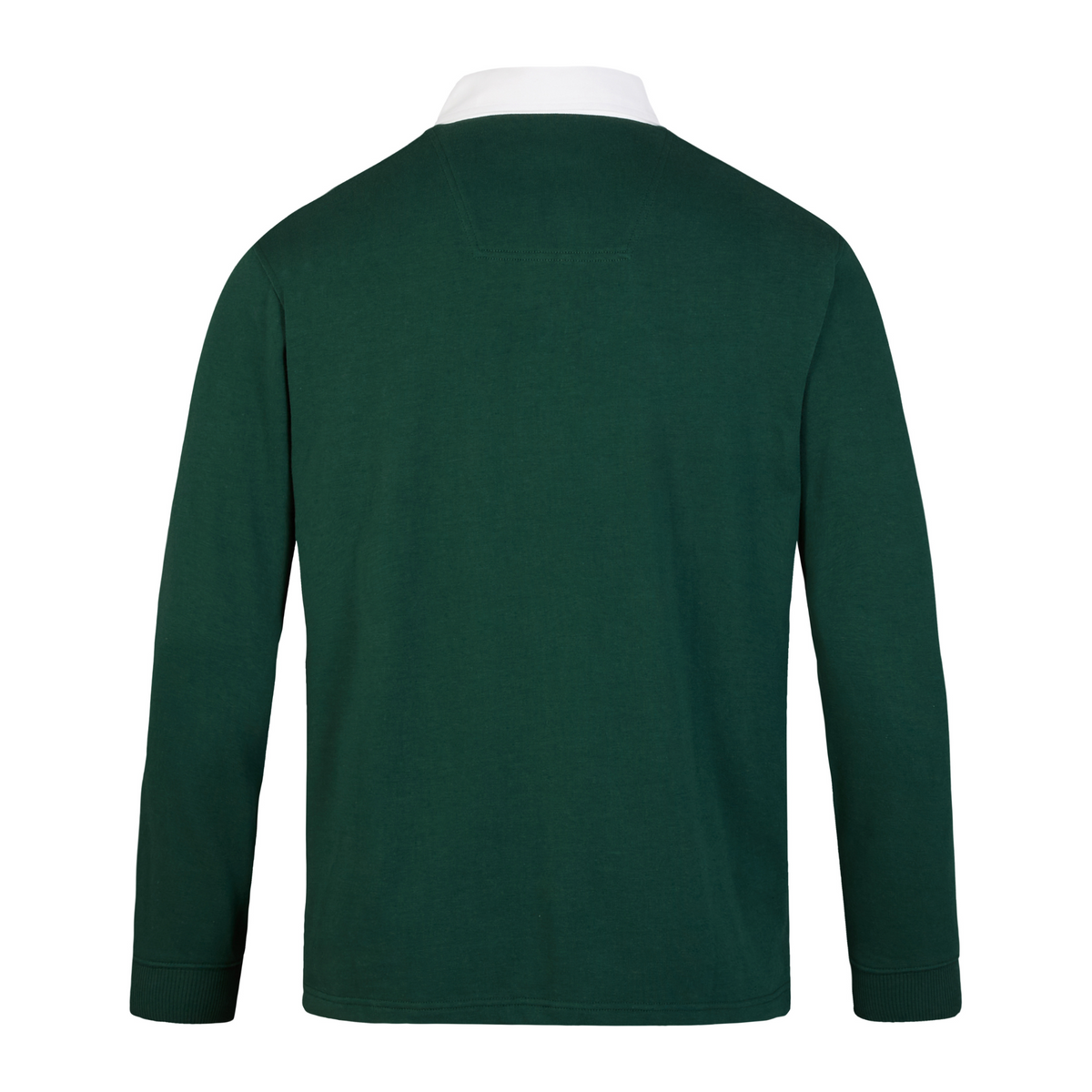 A Canterbury Solid Dye Long Sleeve Rugby Jersey in green with a white collar, shown from the back.