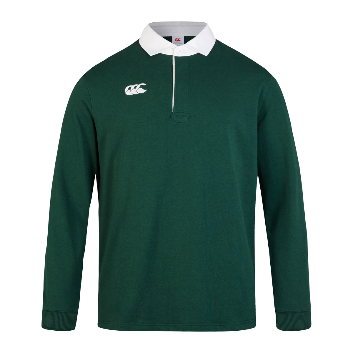 Canterbury Solid Dye Long Sleeve Rugby Jersey by Canterbury features a green color, white collar, and embroidered logo on the right side.