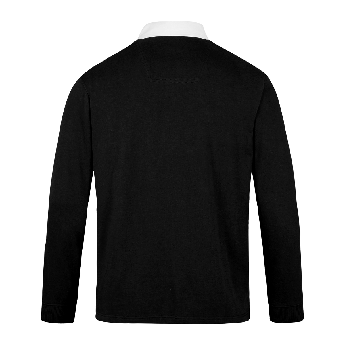 A view from the back of the Canterbury Solid Dye Long Sleeve Rugby Jersey showcases its classic black design with a distinct white collar.