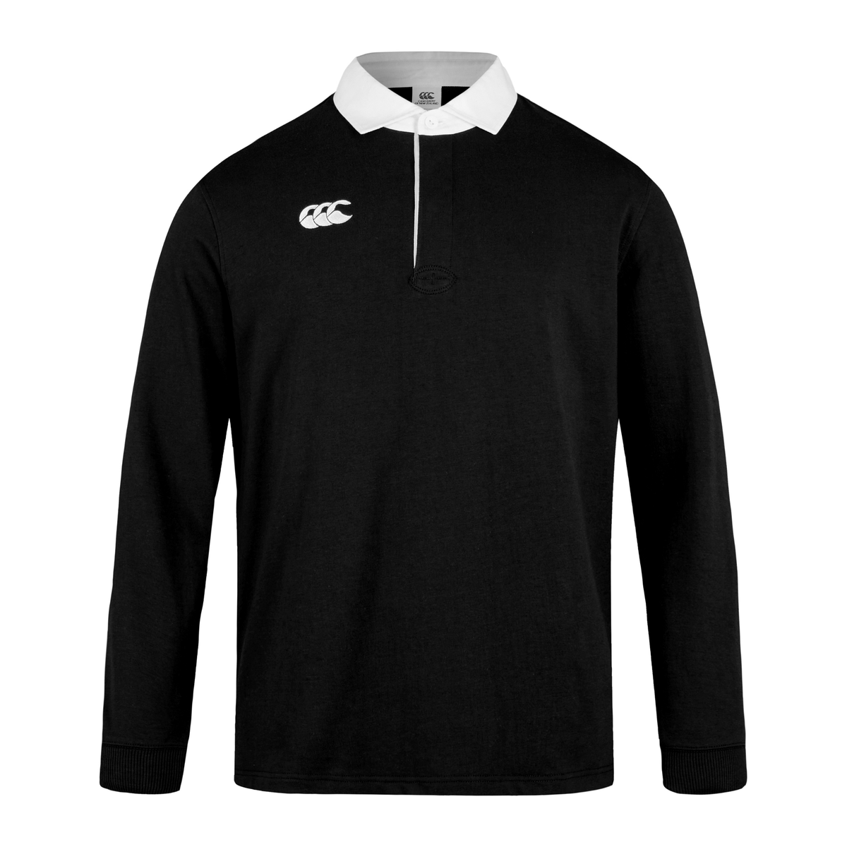 The Canterbury Solid Dye Long Sleeve Rugby Jersey has a black design with a white collar and an embroidered logo on the right chest.