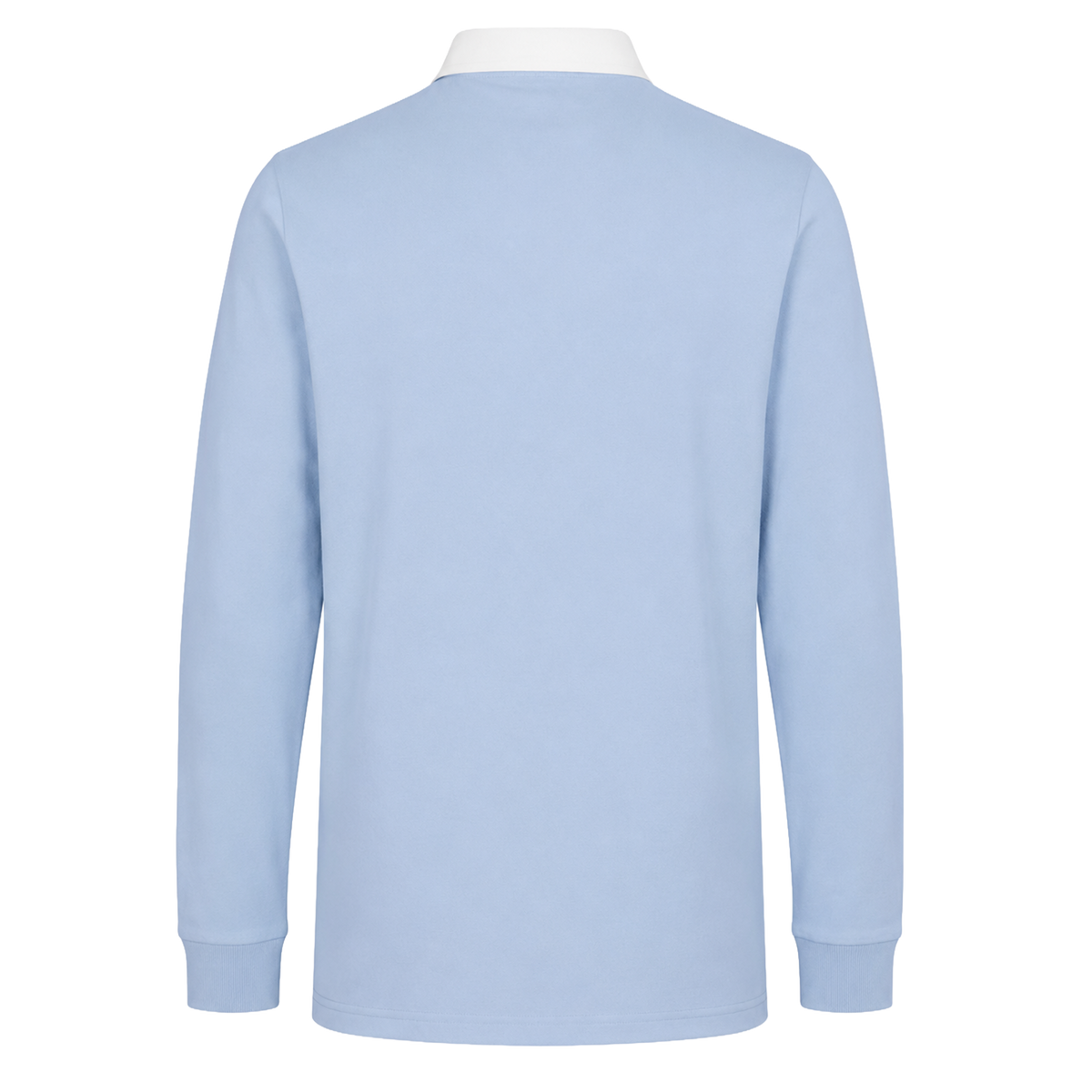 The Canterbury Solid Dye Rugby Jersey by Canterbury is a light blue, long-sleeve shirt with a white collar, displayed from the back on a plain white background.